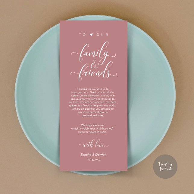 Inställning av Ställe, Tack, Dusty Ro-kort Program (Dinner Place Setting Thank You Card, Modern Classy Wedding, in Dusty Rose Pink)