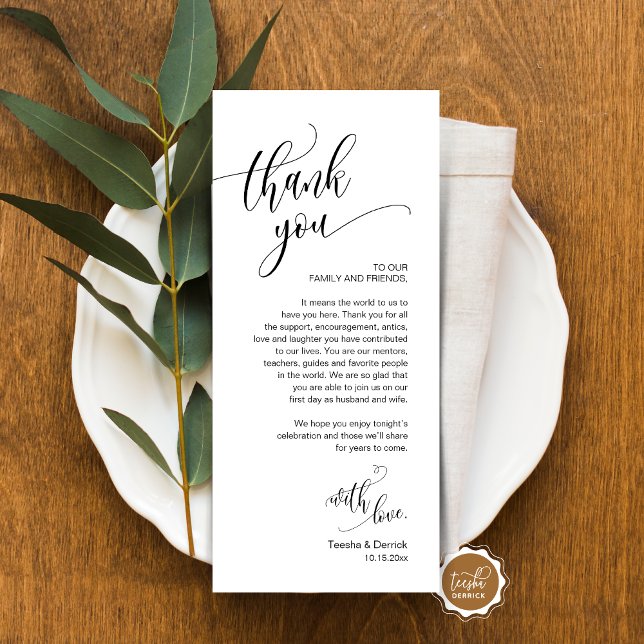 Inställning av Ställe, Tack, modernt skriptkort Program (Place Setting Thank You, Modern Script Card, Wedding Dinner, Brunch, Lunch Plate Decoration)