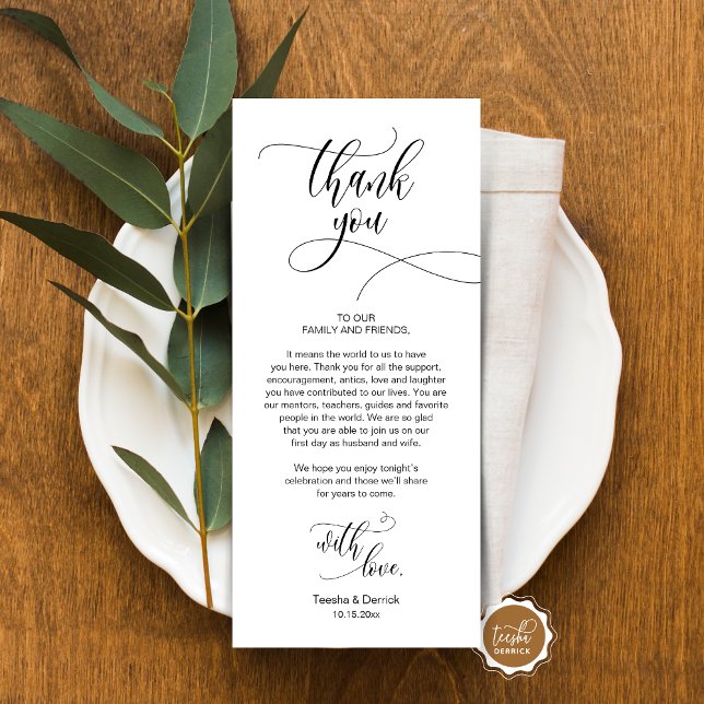 Inställning av Ställe, Tack, modernt skriptkort Program (Place Setting Thank You, Modern Script Card, Wedding Dinner, Brunch, Lunch Plate Decoration)