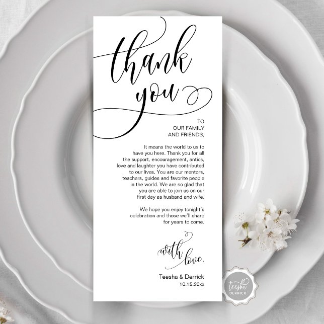 Inställning av Ställe, Tack, modernt skriptkort Program (Place Setting Thank You, Modern Script Card, Wedding Dinner, Brunch, Lunch Plate Decoration)