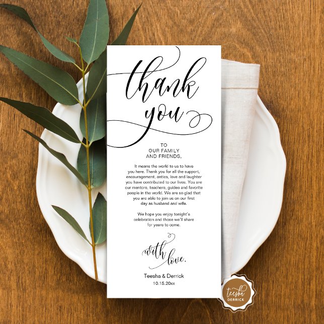 Inställning av Ställe, Tack, modernt skriptkort Program (Place Setting Thank You, Modern Script Card, Wedding Dinner, Brunch, Lunch Plate Decoration)