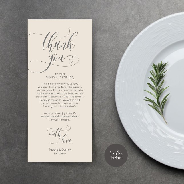 Inställning av Ställe, Tack, modernt skriptkort Program (Wedding Dinner Place Setting Thank You Card, Plate Decoration, Modern Script, in Dark Grey Cream)