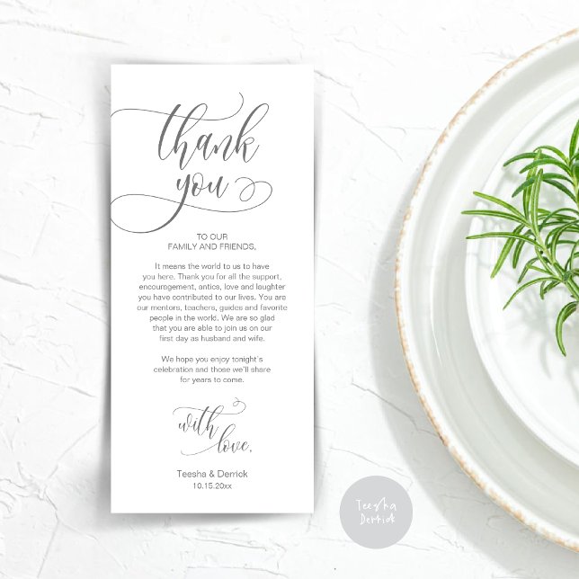 Inställning av Ställe, Tack, modernt skriptkort Program (Wedding Dinner Place Setting Thank You Card, Plate Decoration, Modern Script, in Dark Grey)
