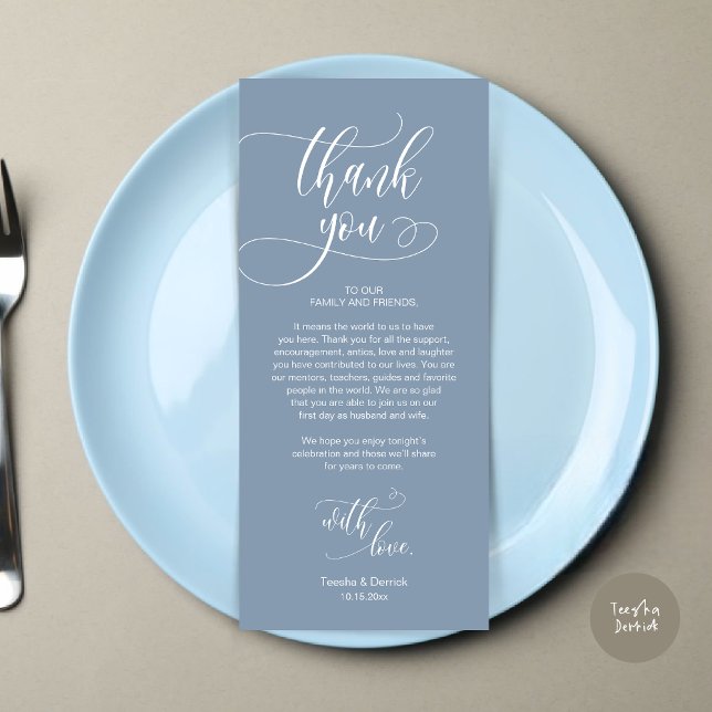 Inställning av Ställe, Tack, modernt skriptkort Program (Wedding Dinner Place Setting Thank You Card, Plate Decoration, Modern Script, in Dusty Blue)