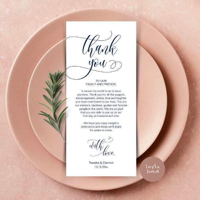 Inställning av Ställe, Tack, modernt skriptkort Program (Wedding Dinner Place Setting Thank You Card, Plate Decoration, Modern Script, in Navy Blue)