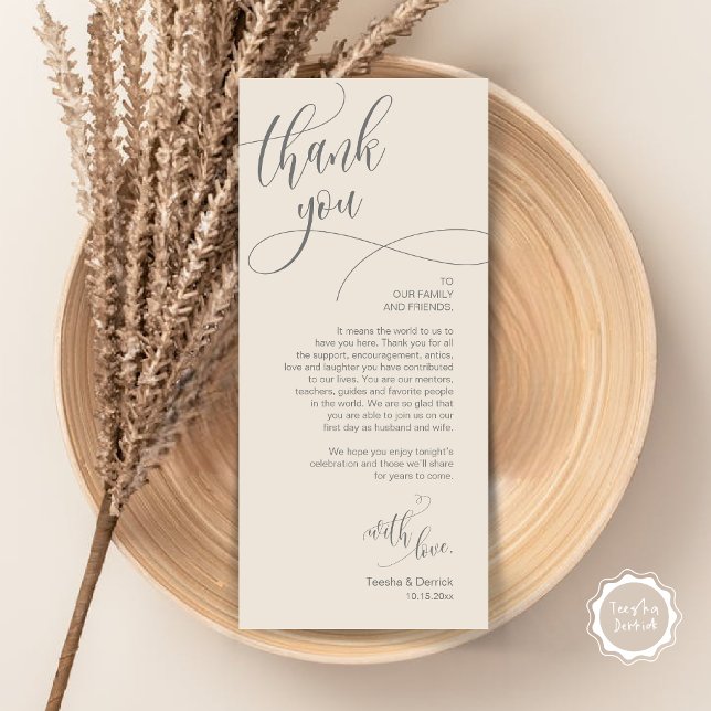Inställning av Ställe, Tack, modernt skriptkort Program (Wedding Dinner Place Setting Thank You Card, Plate Decor, Modern Calligraphy, in Cream Grey)