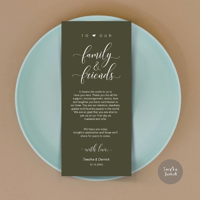 Inställning av Ställe, Tack, Oliv grönt kort (Dinner Place Setting Thank You Card, Modern Classy Wedding, in Olive Green)