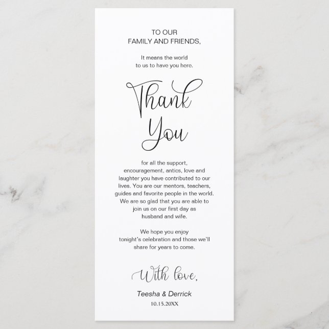 Inställning av Tack för Middag Ställe, svarta teck Program (Framsida)