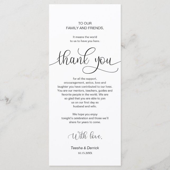 Inställning av Tack för Middag Ställe, svarta teck Program (Framsida)