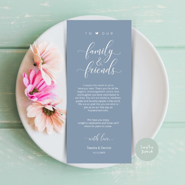 Inställning av Tack för sommarblått Ställe, blått  Program (Dinner Place Setting Thank You Card, Modern Classy Wedding, in Dusty Blue)