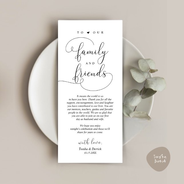 Inställning av Tack Modern Elegant Card för Middag Program (Modern Romantic Script, Wedding Dinner Place Setting Thank You Card, in Black and White)