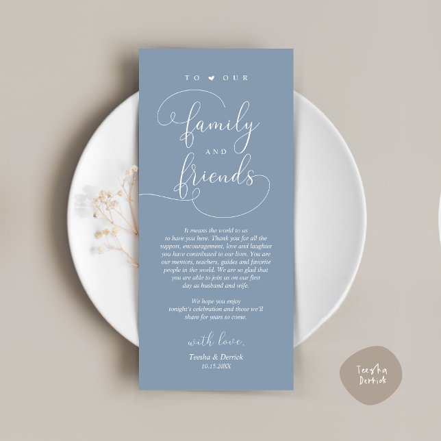 Inställning av Tack Modern Elegant Card för Middag Program (Modern Romantic Script, Wedding Dinner Place Setting Thank You Card, in Dusty Blue)
