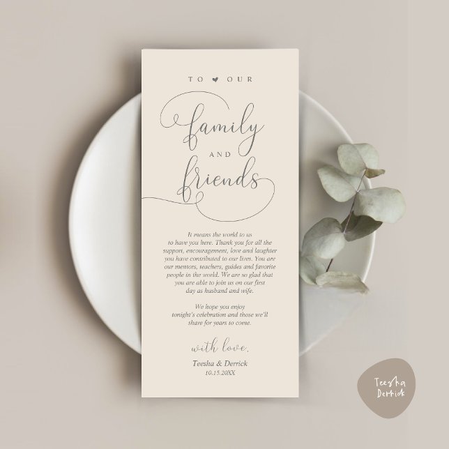 Inställning av Tack Modern Elegant Card för Middag Program (Modern Romantic Script, Wedding Dinner Place Setting Thank You Card, in Cream and Grey)