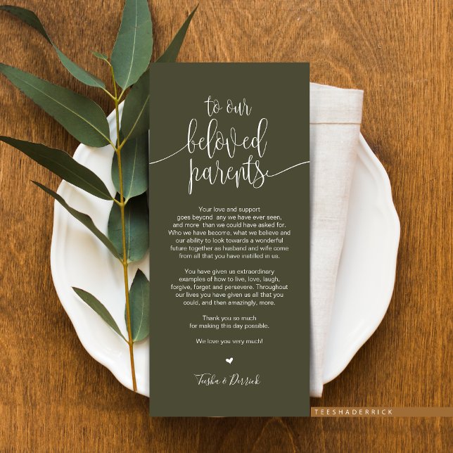 Inställning av tackkort för älskade föräldrar i st program (Wedding Dinner or Elopement Brunch Place Setting Thank You Card, In Modern Rustic Olive Green)