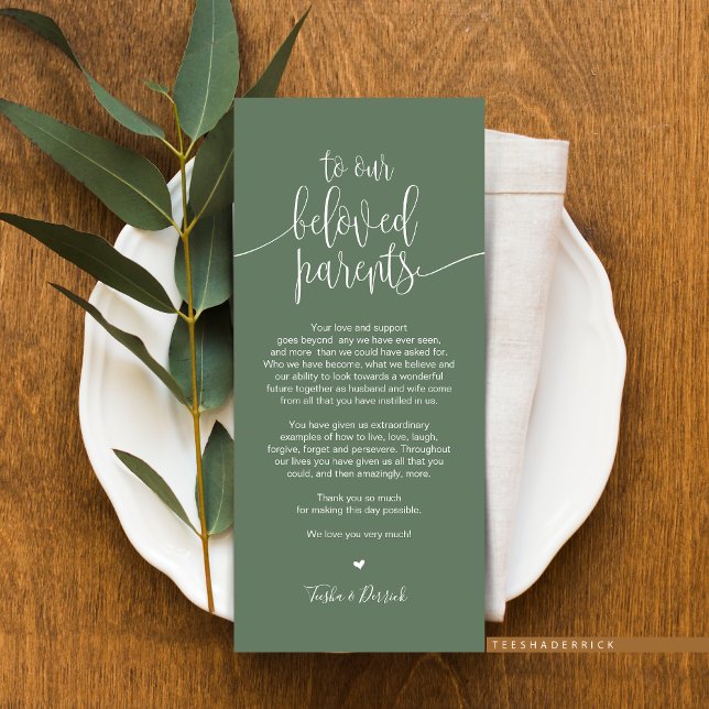Inställning av tackkort för älskade föräldrar i st program (Wedding Dinner or Elopement Brunch Place Setting Thank You Card, In Modern RusticSage Green Greenery)