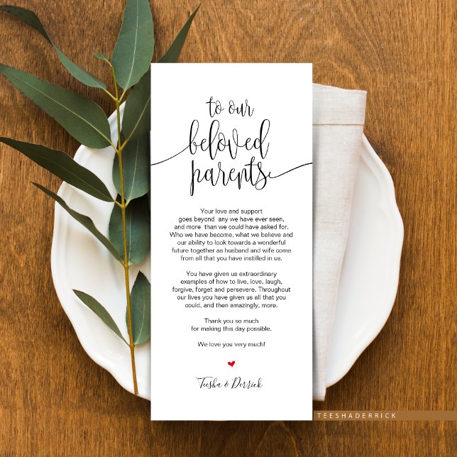 Inställning av tackkort för älskade föräldrar i st program (Place Setting Thank You Card for Our Beloved Parents, suitable for wedding dinner or anniversary.)
