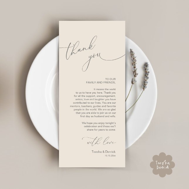 Inställning av tackkort för Bröllop Firande Ställe Program (Wedding Dinner Celebration Place Setting Thank You Modern Romantic Card in Cream Grey)