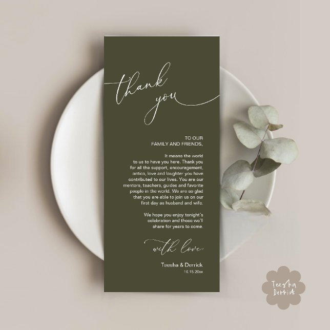 Inställning av tackkort för Bröllop Firande Ställe Program (Wedding Dinner Celebration Place Setting Thank You Modern Romantic Card in Olive Green)