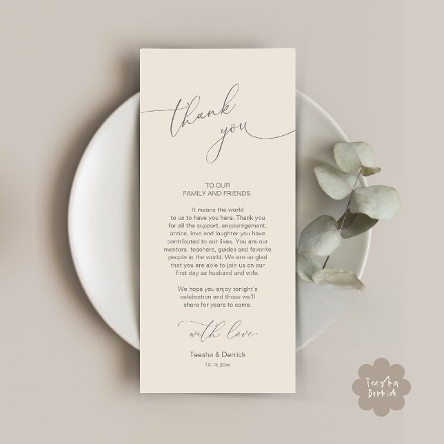Inställning av tackkort för Bröllop Firande Ställe Program (Wedding Dinner Celebration Place Setting Thank You Modern Romantic Card in Cream Grey)