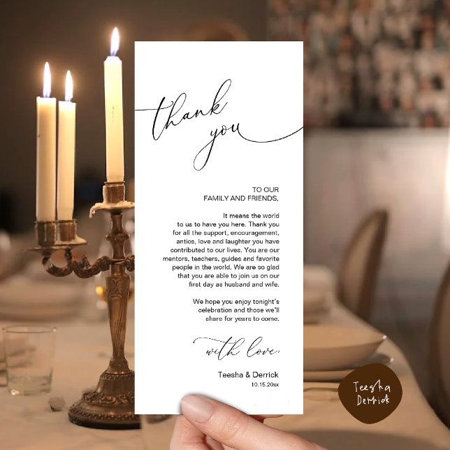 Inställning av tackkort för Bröllop Firande Ställe Program (Wedding Dinner Celebration Place Setting Thank You Modern Romantic Card in Black White)