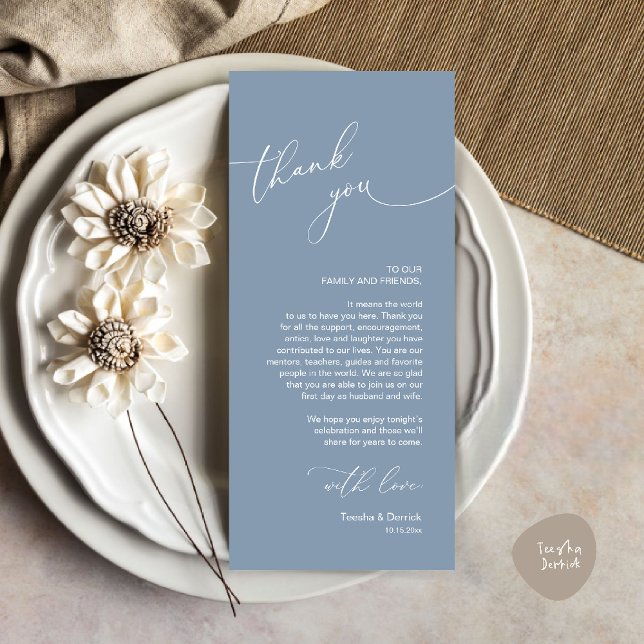 Inställning av tackkort för Bröllop Firande Ställe Program (Wedding Dinner Celebration Place Setting Thank You Modern Romantic Card in Dusty Blue)