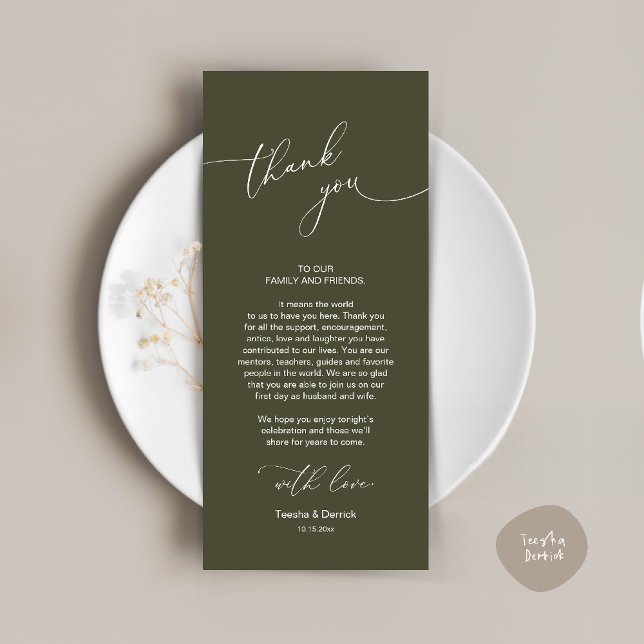 Inställning av tackkort för Bröllop Firande Ställe Program (Wedding Dinner Celebration Place Setting Thank You Modern Romantic Card in Olive Green)