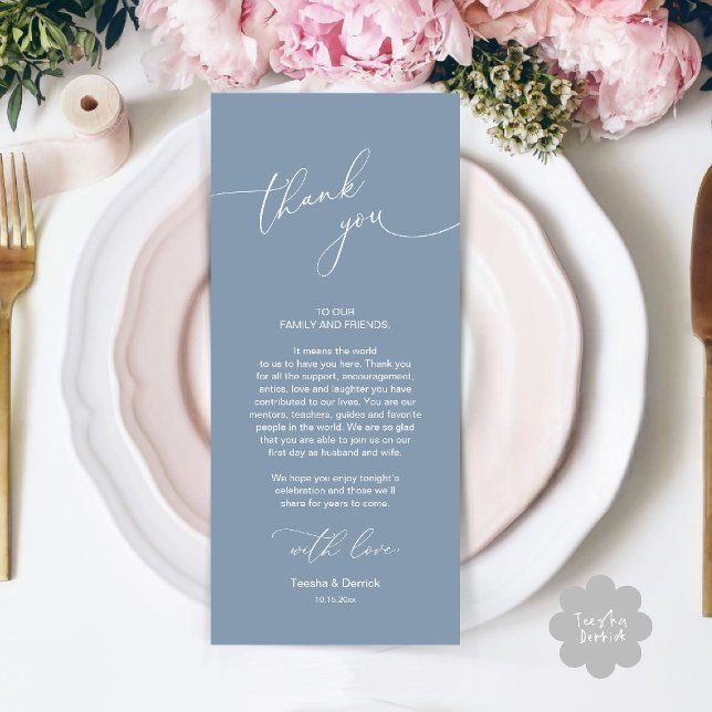 Inställning av tackkort för Bröllop Firande Ställe Program (Wedding Dinner Celebration Place Setting Thank You Modern Romantic Card in Dusty Blue)