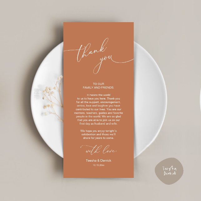 Inställning av tackkort för Bröllop Firande Ställe Program (Wedding Dinner Celebration Place Setting Thank You Modern Romantic Card in Copper Brown Terracotta)