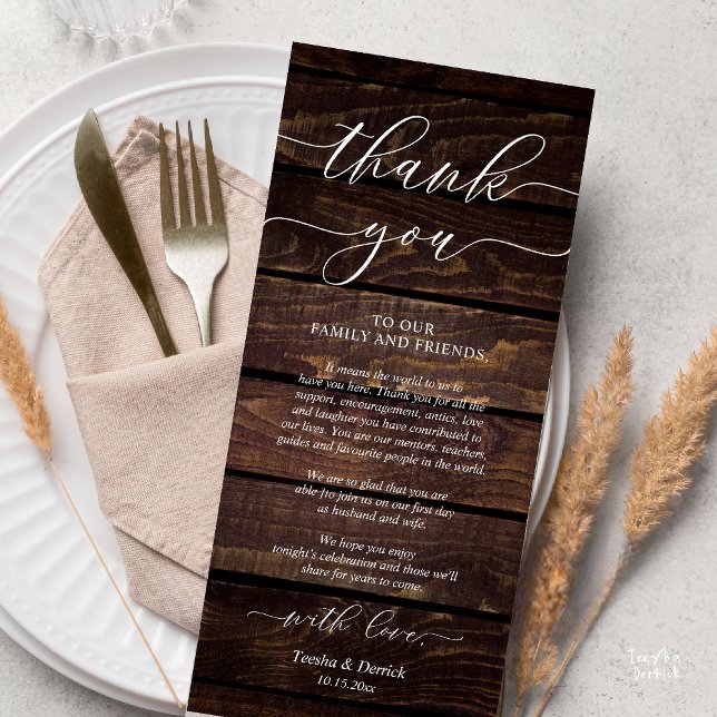 Inställning av tackkort för Bröllop Ställe under m Program (Rustic Wedding Dinner Place Setting Thank You Card Reception in Cottage Brown Wood)