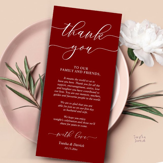 Inställning av tackkort för Bröllop Ställe under m Program (Rustic Wedding Dinner Place Setting Thank You Card Reception in Burgundy Wine Red)