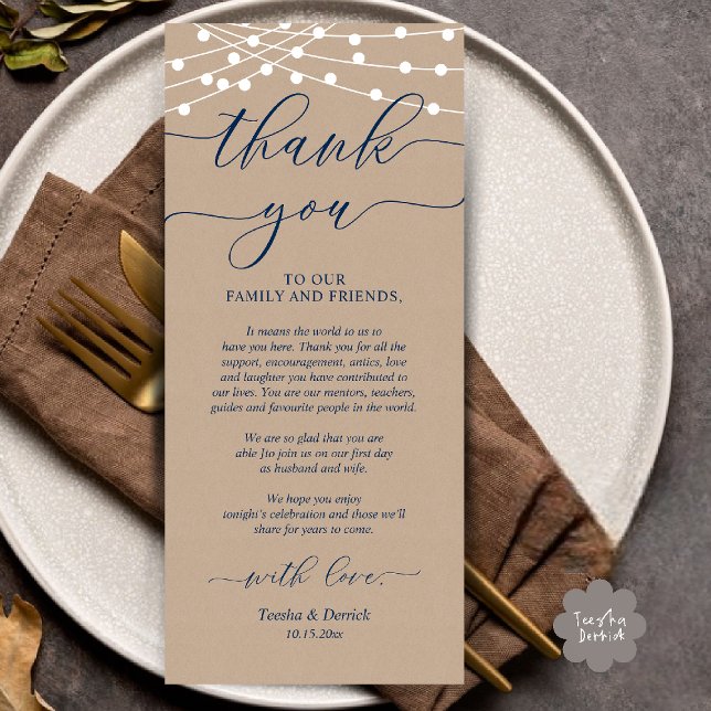 Inställning av tackkort för Bröllop Ställe under m Program (Rustic Wedding Dinner Place Setting Thank You Card Reception in Cottage Brown Kraft String Lights)