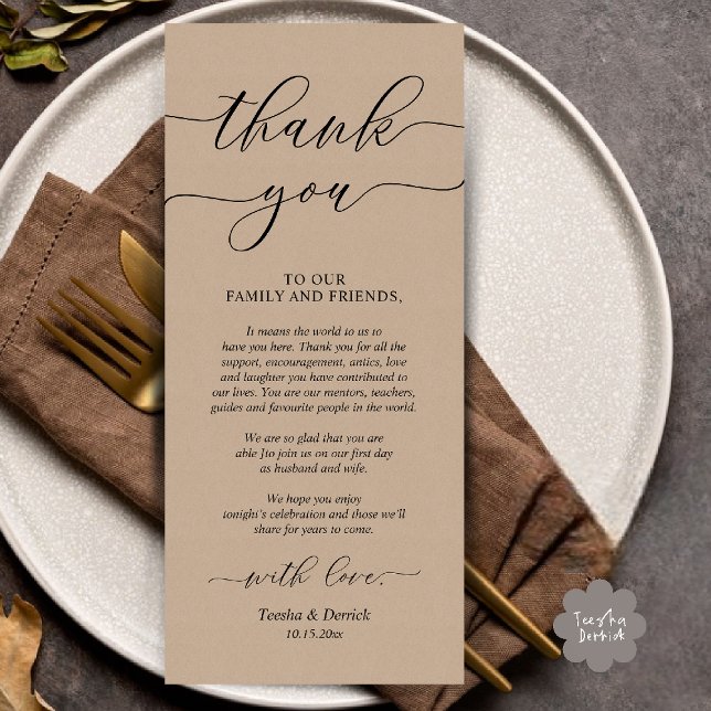 Inställning av tackkort för Bröllop Ställe under m Program (Rustic Wedding Dinner Place Setting Thank You Card Reception in Brown Kraft)