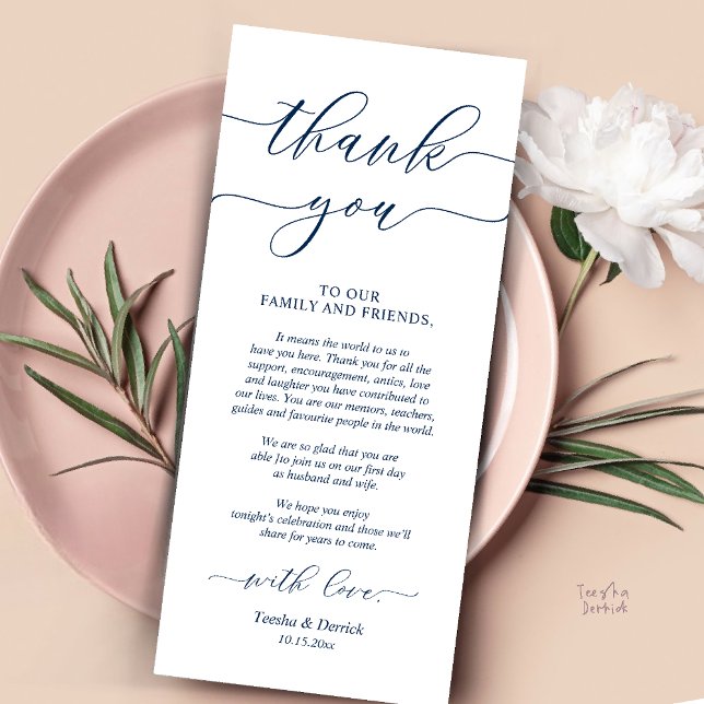 Inställning av tackkort för Bröllop Ställe under m Program (Rustic Wedding Dinner Place Setting Thank You Card Reception in Navy Blue Script )