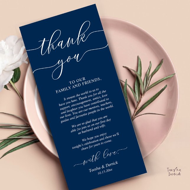 Inställning av tackkort för Bröllop Ställe under m Program (Rustic Wedding Dinner Place Setting Thank You Card Reception in Navy Blue Script )