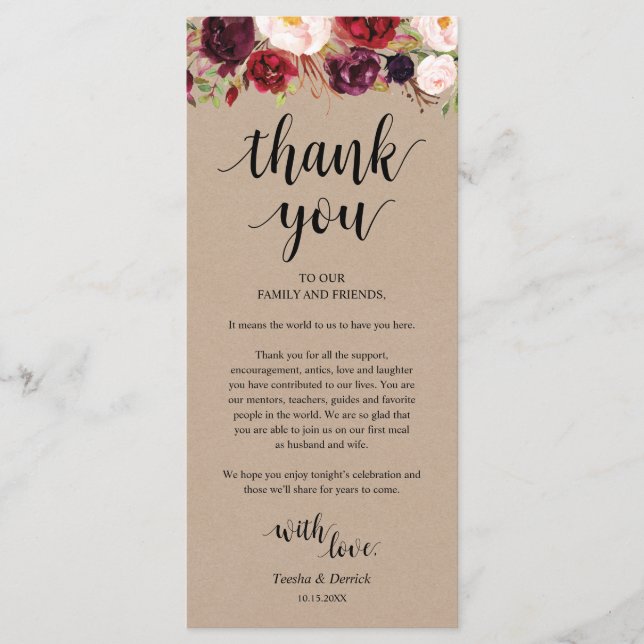 Inställning av tackkort för Burgundy Blommigt Kraf Program (Framsida)