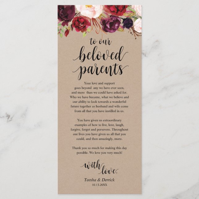 Inställning av tackkort för Burgundy Blommigt Kraf Program (Framsida)