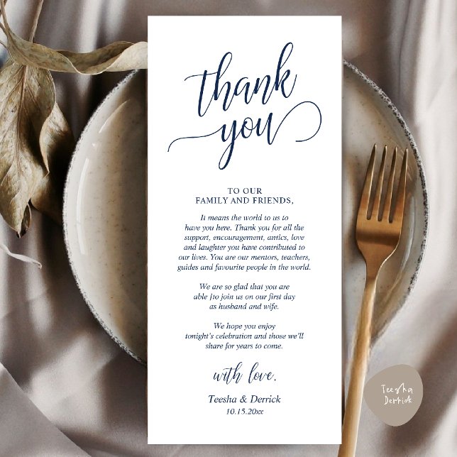 Inställning av tackkort för Classy Bröllop Ställe  Program (Modern Classy Wedding Dinner Thank You Card Reception brunch lunch in Navy Blue)