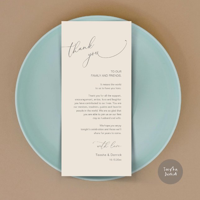 Inställning av tackkort för dagens Bröllop Ställe Program (Modern Wedding Dinner Place Setting Thank You Card, Plate decor, in Grey and Cream)