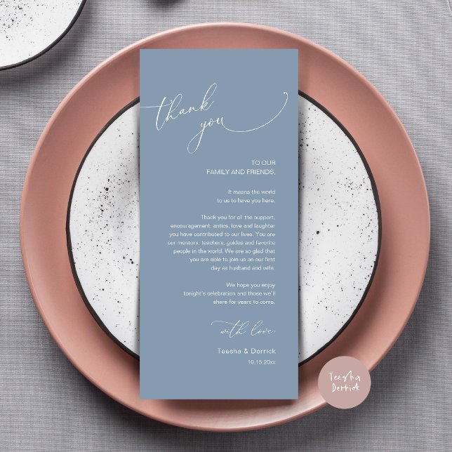 Inställning av tackkort för dagens Bröllop Ställe Program (Modern Wedding Dinner Place Setting Thank You Card, Plate decor, in Dusty Blue)