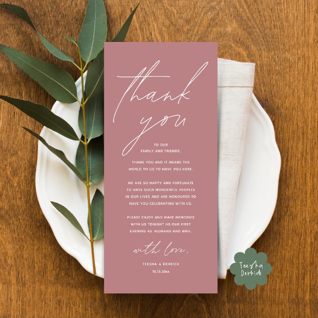 Inställning av tackkort för dagens Bröllop Ställe Program (Modern Wedding Dinner Lunch Brunch Celebration Place Setting Thank You Card in Dusty Rose Pink)