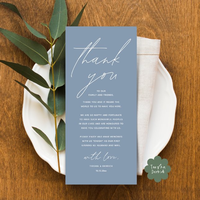 Inställning av tackkort för dagens Bröllop Ställe Program (Modern Wedding Dinner Lunch Brunch Celebration Place Setting Thank You Card in Dusty Blue)