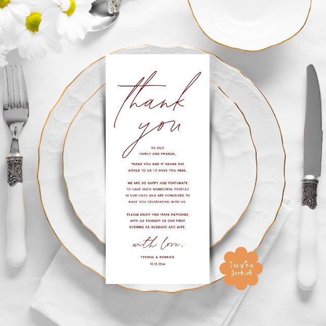 Inställning av tackkort för dagens Bröllop Ställe Program (Modern Wedding Dinner Lunch Brunch Celebration Place Setting Thank You Card in Burgundy Wine Red)
