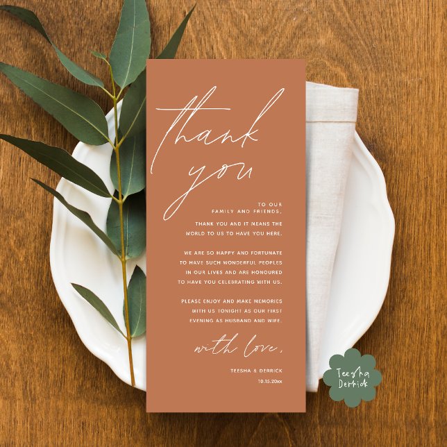 Inställning av tackkort för dagens Bröllop Ställe Program (Modern Wedding Dinner Lunch Brunch Celebration Place Setting Thank You Card in Copper Brown)