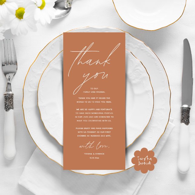 Inställning av tackkort för dagens Bröllop Ställe Program (Modern Wedding Dinner Lunch Brunch Celebration Place Setting Thank You Card in Copper Brown)