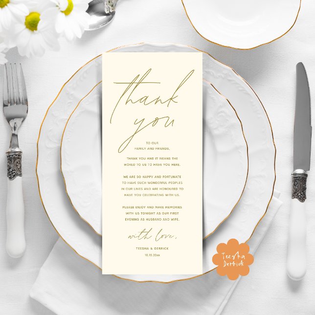 Inställning av tackkort för dagens Bröllop Ställe Program (Modern Wedding Dinner Lunch Brunch Celebration Place Setting Thank You Card in Yellow Gold)