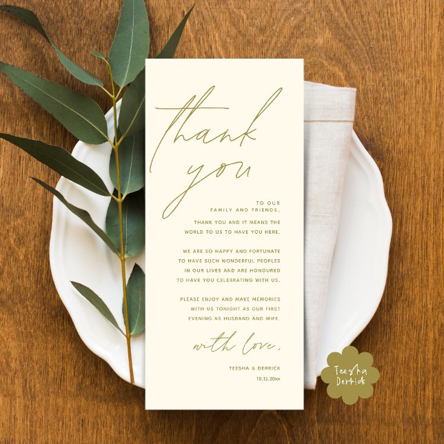 Inställning av tackkort för dagens Bröllop Ställe Program (Modern Wedding Dinner Lunch Brunch Celebration Place Setting Thank You Card in Yellow Gold)