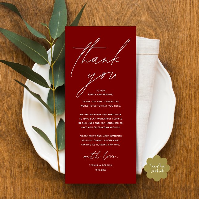 Inställning av tackkort för dagens Bröllop Ställe Program (Modern Wedding Dinner Lunch Brunch Celebration Place Setting Thank You Card in Burgundy Wine Red)
