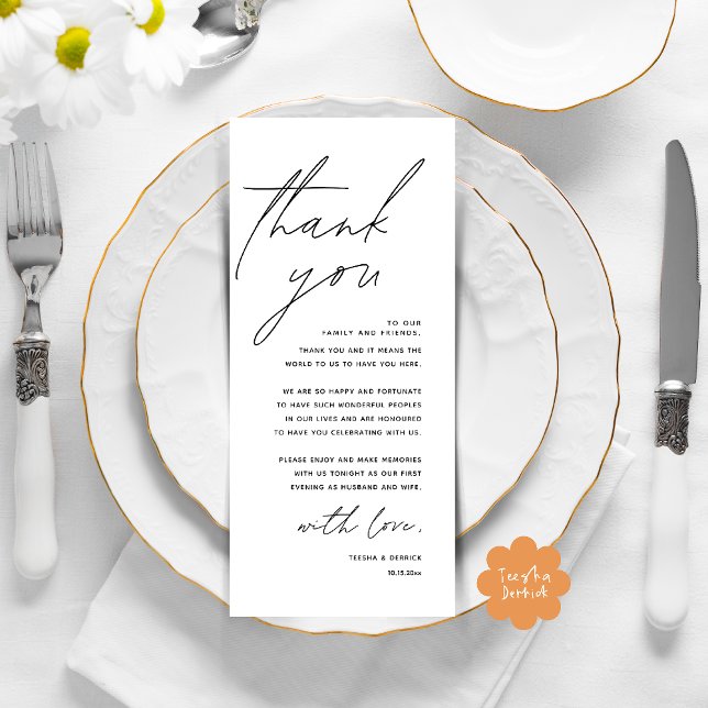 Inställning av tackkort för dagens Bröllop Ställe Program (Modern Wedding Dinner Lunch Brunch Celebration Place Setting Thank You Card in Black White)