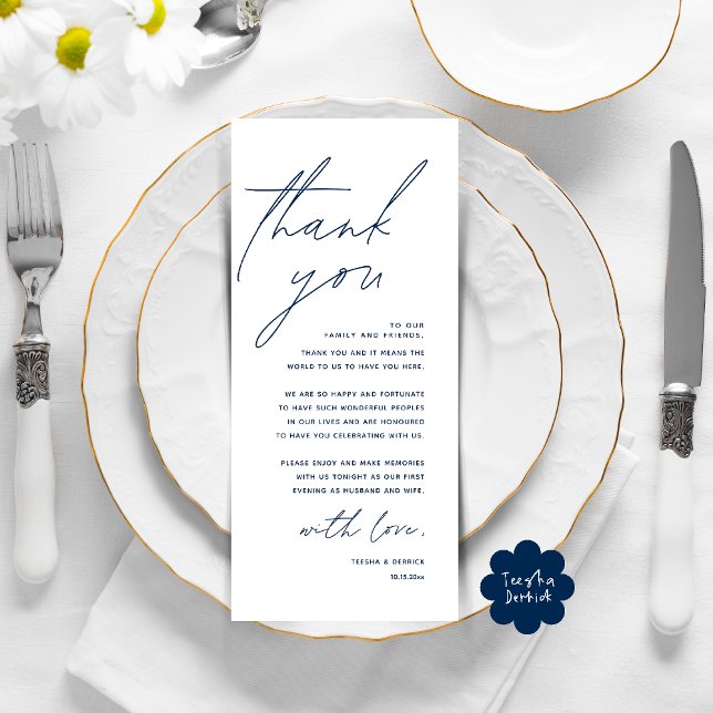 Inställning av tackkort för dagens Bröllop Ställe Program (Modern Wedding Dinner Lunch Brunch Celebration Place Setting Thank You Card in Navy Blue)