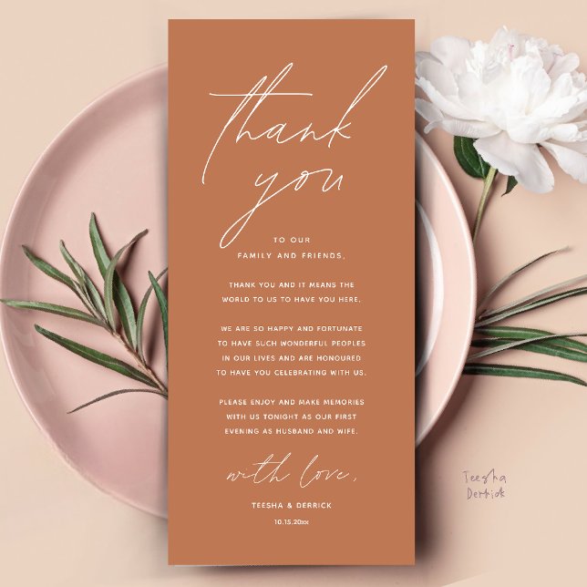 Inställning av tackkort för dagens Bröllop Ställe Program (Modern Wedding Dinner Place Setting Thank You Card Reception Brunch Lunch in Copper Brown Terracotta)